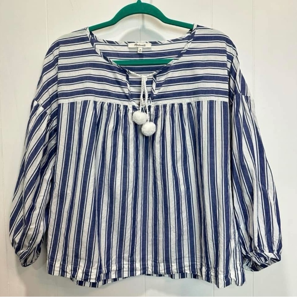 Madewell Cotton Boho Peasant Striped Pom Pom Tassel Top in Blue Stripe Medium